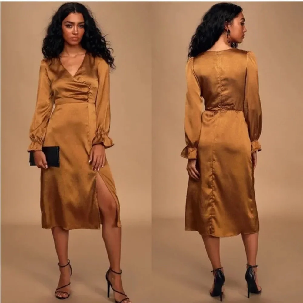 Lulu’s 4SI3NNA Brielle Bronze Satin Long Sleeve Midi Dress in Bronze Copper